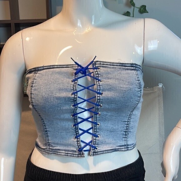 Denim‎ Acid Wash Blue Lace up Tube Top Size Large RefM101 - Picture 5 of 8